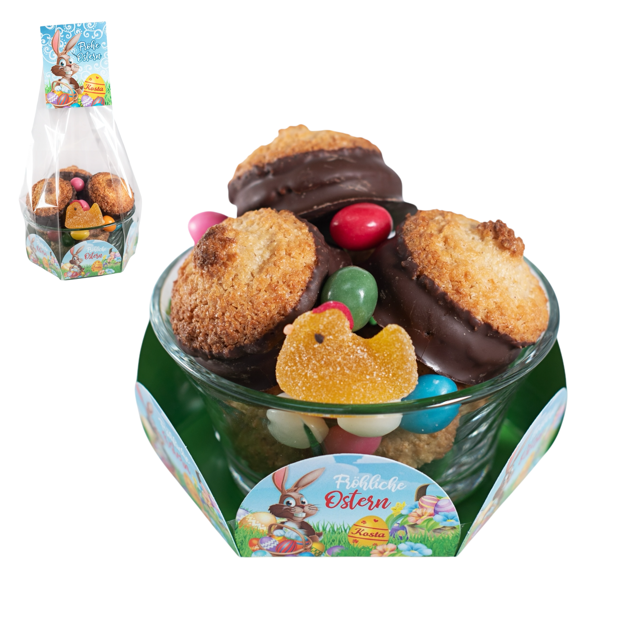 Ostergeschenk Lotti – Glasschale mit Kokoskuppeln, Zartbitterschokolade, bunten - mürben Zuckereiern und Geleehenne