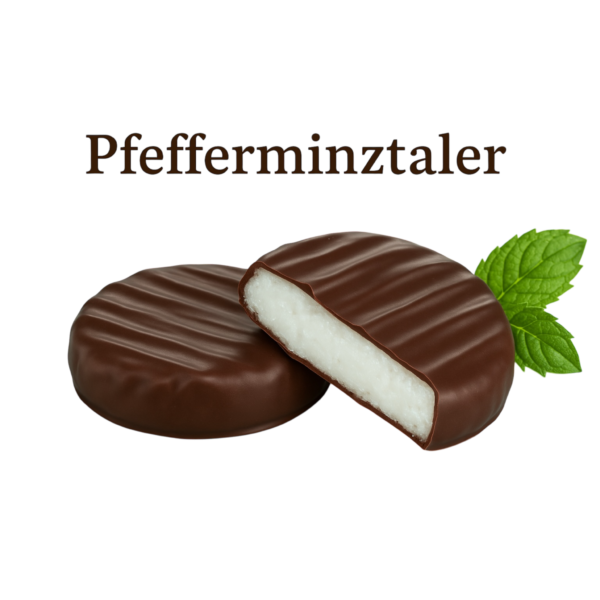 Pfefferminztaler mit Zartbitterschokolade und weißem Minzkern, daneben frische Minzblätter – süße Schokoladenspezialität