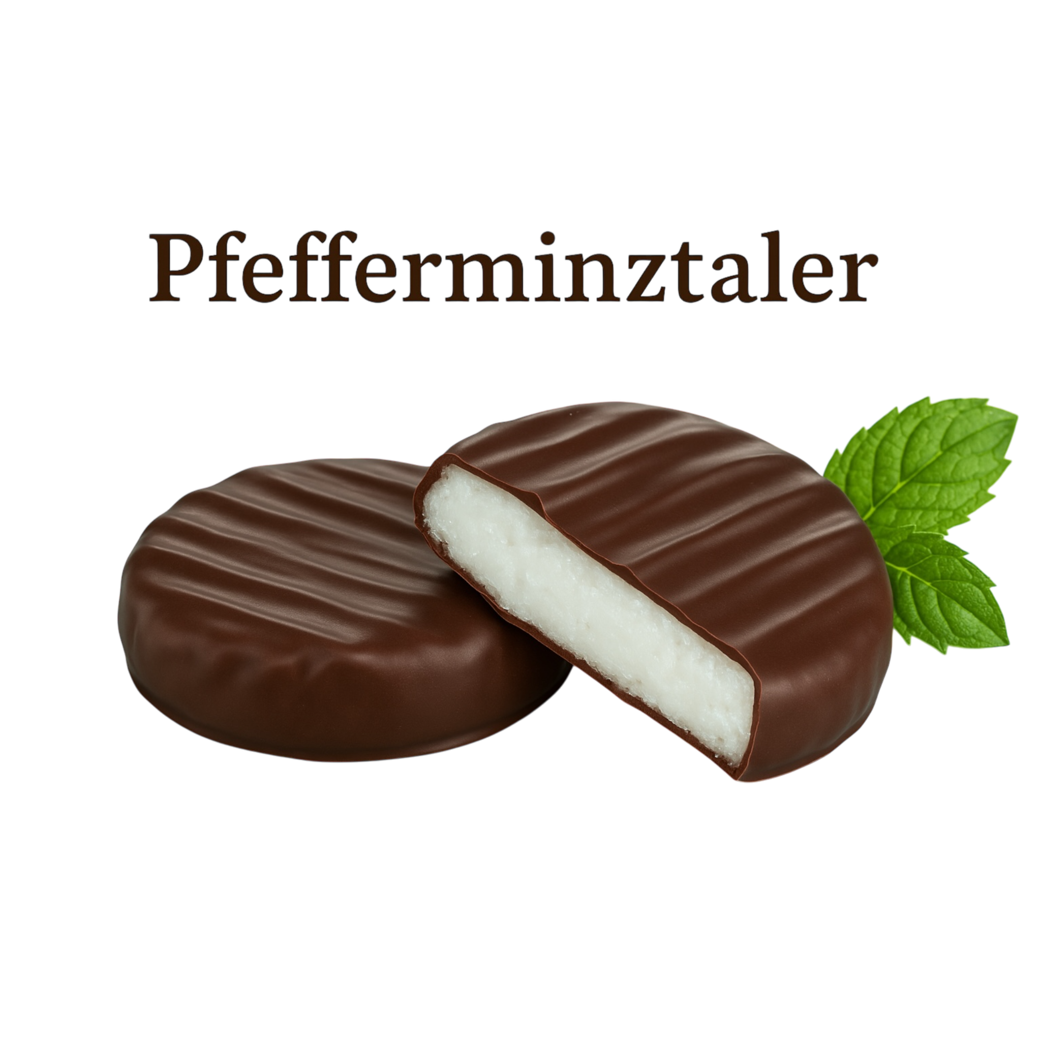 Pfefferminztaler mit Zartbitterschokolade und weißem Minzkern, daneben frische Minzblätter – süße Schokoladenspezialität