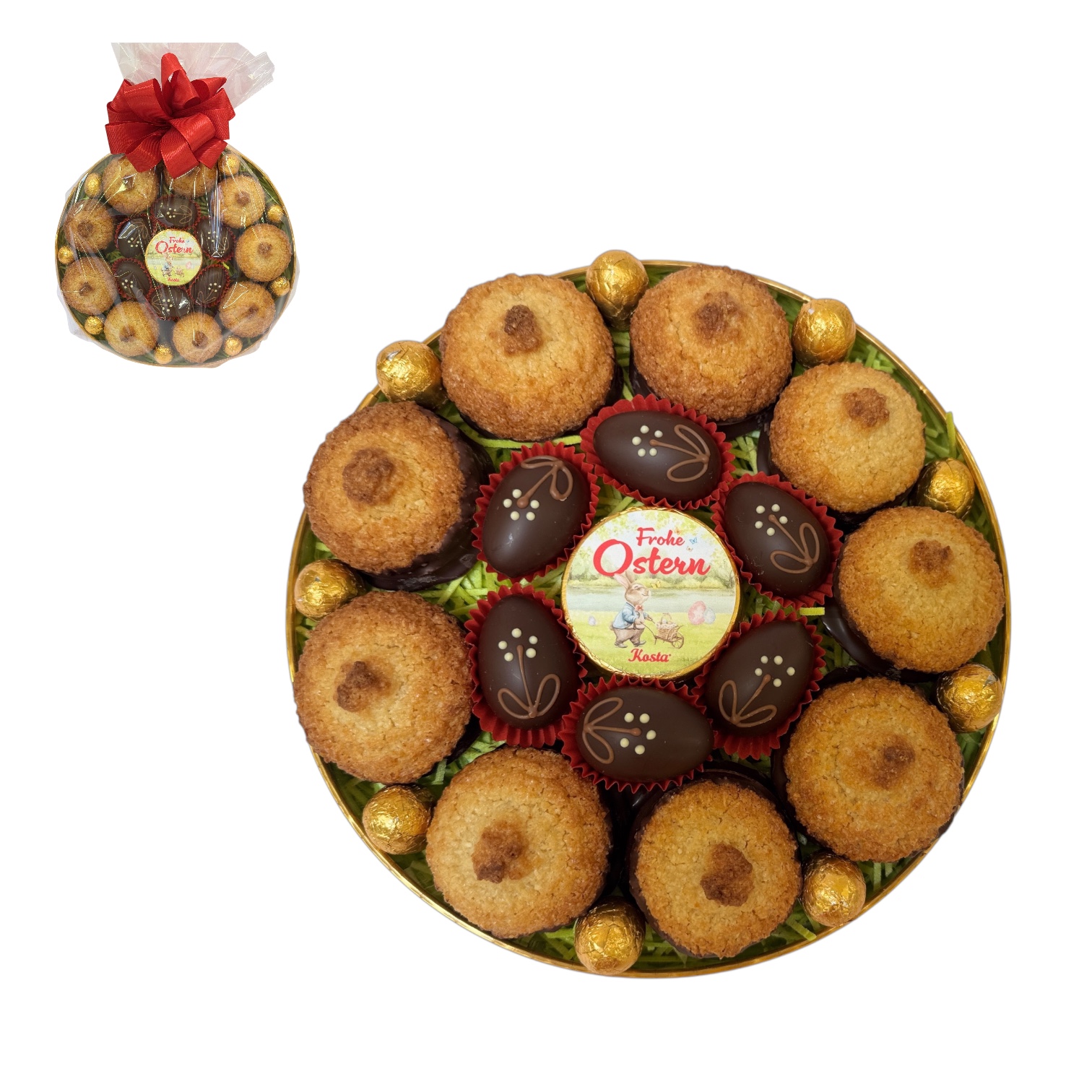 Großes, rundes Osternest mit Kokoskuppeln, Nougat, Schokoeiern & großer Schleife