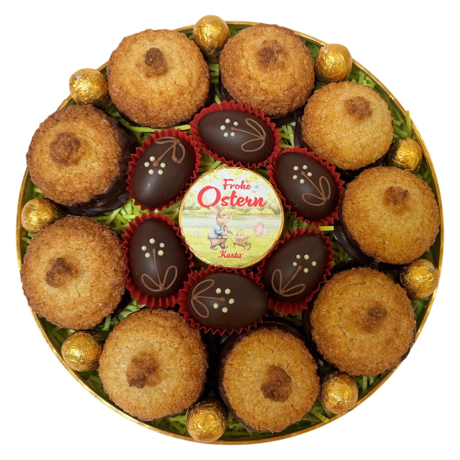 Großes, rundes Osternest mit Kokoskuppeln, Nougat, Schokoeiern & großer Schleife