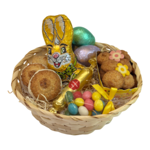 Hasenfreude Osterkorb mit Schoko-Hasen, bunten Eiern, Vanillekokoskuppeln, Kokosbusserln und Süßigkeiten