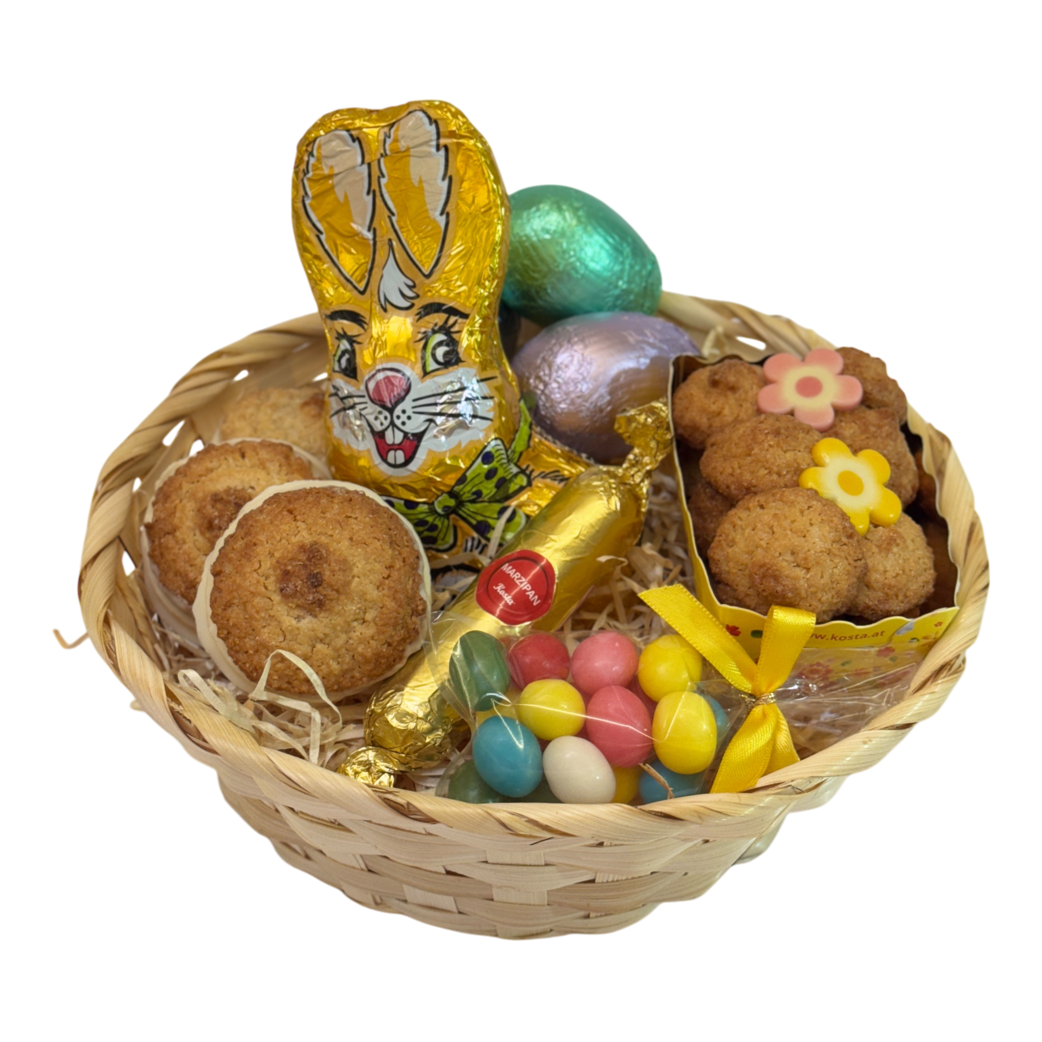 Hasenfreude Osterkorb mit Schoko-Hasen, bunten Eiern, Vanillekokoskuppeln, Kokosbusserln und Süßigkeiten