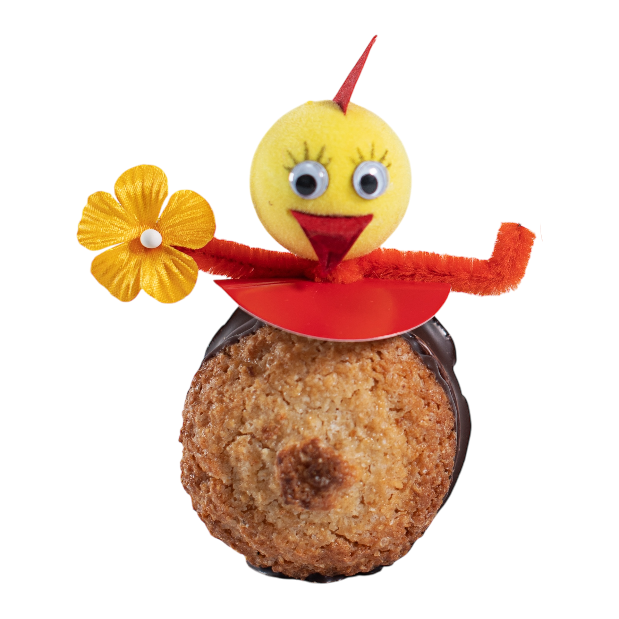 Kokoskuppel Klassik mit fröhlicher Frida-Figur: gelbes Küken mit Blume auf einer Kokospraline mit Schokoladenrand