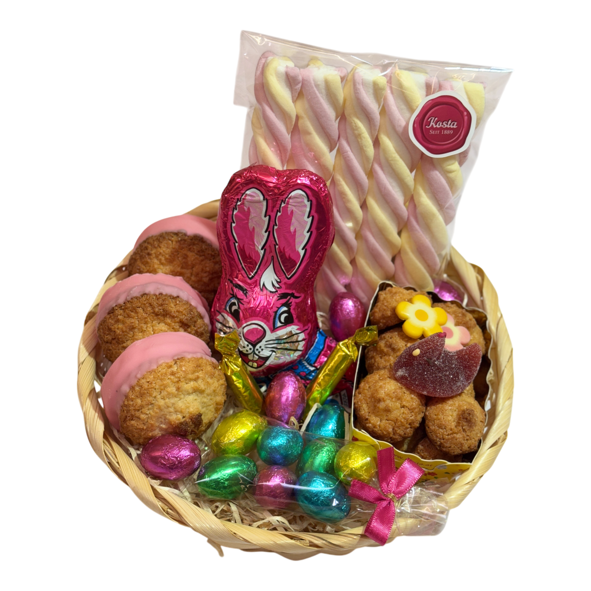 Hasenparty Osterkorb gefüllt mit Schoko-Hasen, bunten Eiern, Kokoskuppel, Kokosbusserln und Marshmallows