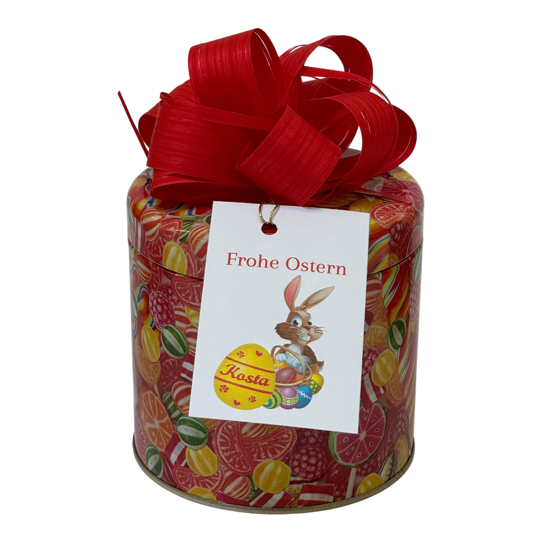 Bunte Geschenkdose mit Fruchtgummi, Osteretikett und roter Schleife von Kosta Konditorei