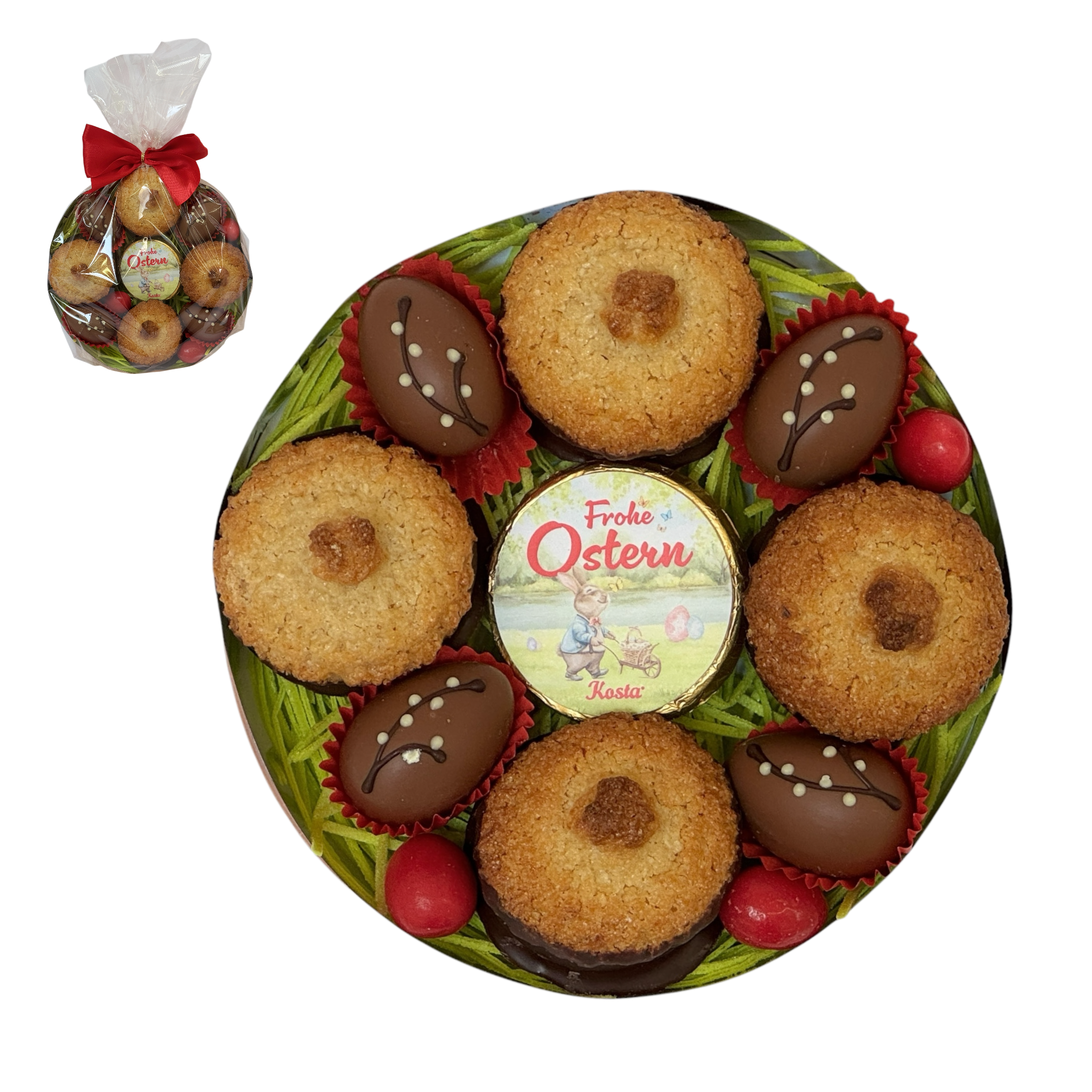 Rundes Osterpräsent mit Kokoskuppeln, Nougat, Osterdekor und roter Masche